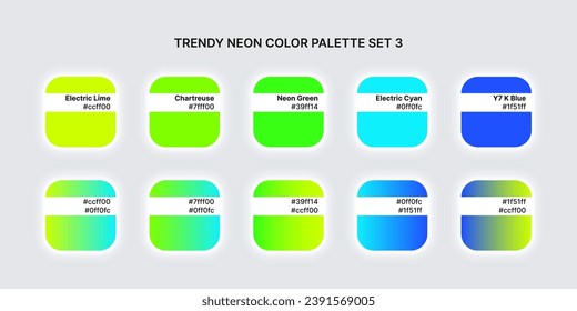 Fashion hellen Neon Farbe Trend-Palette. Farbpalette mit verschiedenen Farbtönen und Farbverlauf. Neomorphismus-Quadrat auf grauem Hintergrund. Paint Palette Mock up. Vektorgrafik