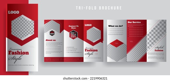 Fashion Brochure for business template, Fashion Style for marketing brochure template design, Corporate tri-fold Brochure design, The template is white with a red hexagon and a place for photos. ads.