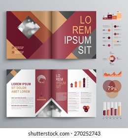 Fashion brochure template design with red and gray square shapes. Cover layout and infographics