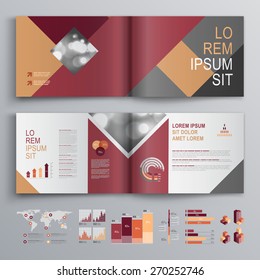 Fashion brochure template design with red and gray square shapes. Cover layout and infographics