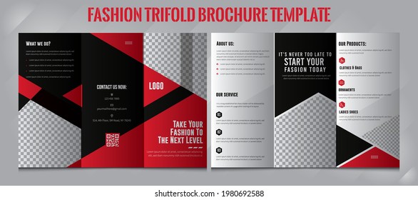 Fashion Brochure Template in Tri Fold Layout. Corporate Design Leaflet, Layout with modern elements, triangle photo, and abstract background. Creative concept 3 folded flyer or Tri-Fold brochure.