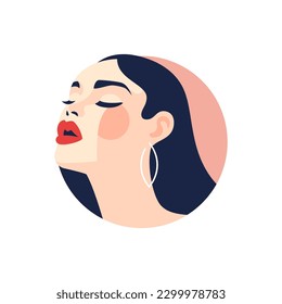 Fashion brunette woman with red lips makeup abstract circle spot frame avatar vector flat