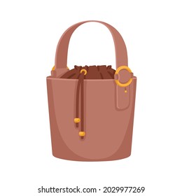 Fashion bucket bag with adjustable strap and drawstrings. Women soft leather and textile handbag with single handle and gold buckle. Colored flat vector illustration isolated on white background