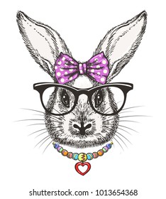Fashion bunny girl  Cute doodle little rabbit girl portrait and polka dots bow   beads vector illustration