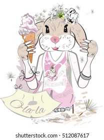 Fashion bunny with an ice-cream and a bag, decorated with flowers hand drawn graphic, kid print