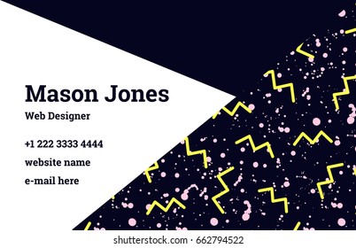 Fashion business card template in the style of Memphis. Pastel pink and black colors. A pattern of zigzags and black smudges or splatters of paint. Funky design business card template.