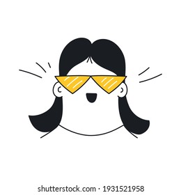 Fashion Business Lady mit moderner gelber Sonnenbrille. Alles ist gut, selbstbewusst, glücklich-stimmungsvoll. Dünne lineare Vektorgrafik auf Weiß.