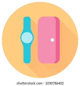 Fashion business lady vector icon with cyan clock and pink woman wallet with long shadow. Template illustration for mobile app web beauty girl loveliness high quality pictogram orange background 