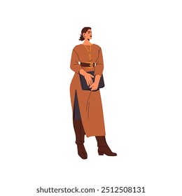 Fashion business woman standing with tied up hair, wearing dress with slit, belt. Businesswoman in stylish outfit holds laptop bag in hands. Flat isolated vector illustration on white background