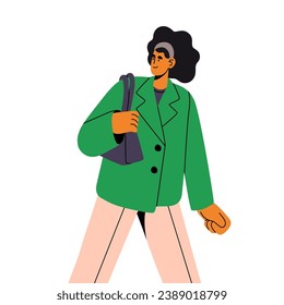 Fashion businesswoman carrying shoulder bag. Business woman wearing bright jacket, office outfit. Young worker, employee walking, turns around, looking back. Flat isolated vector illustration on white