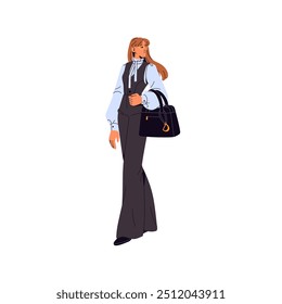 Fashion businesswoman wearing suit with vest. Business woman in formal costume carries bag. Stylish busy lady in trousers looking back on the go. Flat isolated vector illustration on white background