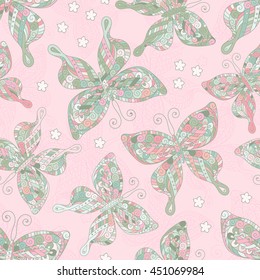 Fashion Butterflies pattern. Delicate pink green objects on pink backdrop. Doodle. Hand draw. Vector illustration for fabric or wrapping paper. Summer print design