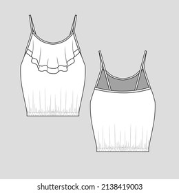 fashion Camisole ruffles top gahering hem double layer ruffles in neck womens cami flat sketch technical drawing design template vector