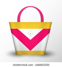 Fashion canvas tote bag mockup. Vector elegant accessory plastic package handbag mock up design. Cute feminine handmade paper shopping gift bag with silk handles. Fabric cloth sack for woman shop.