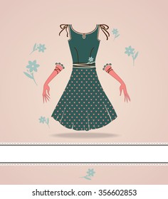 Fashion card with dress. Retro fashion illustration.
