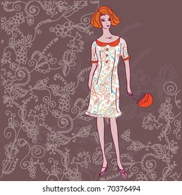 Fashion card with girl and floral pattern