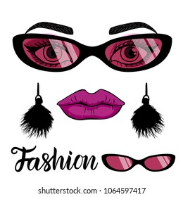 Fashion card with a set of illustrations: girl face with make up and trend sunglasses. Vector illustration isolated on white background. Lettering inscription.