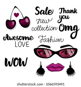 Fashion card with a set of illustrations: girl face with make up and trend sunglasses. Vector illustration isolated on white background. Lettering inscription.