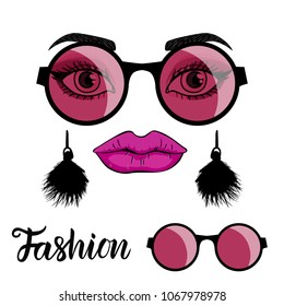 Fashion card with a set of illustrations: girl face with make up and trend round sunglasses. Vector illustration isolated on white background. Lettering inscription.