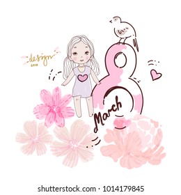 Fashion card template. Gift boxes, girl, ribbon, beautiful flowers, hearts. Trendy design for women's day sale. March 8 collage