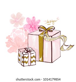 Fashion card template. Gift boxes, ribbon, beautiful flowers, hearts. Trendy design for women's day sale. March 8 collage