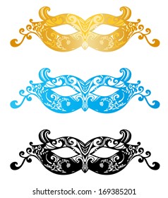 Fashion carnival mask illustration. Three isolated ornate masks for masquerade.