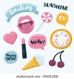 Fashion cartoon funny patch badges with mouth, heart, speech bubbles, cherries, donut and other elements. Vector illustration isolated on white background. Set of stickers, patches.