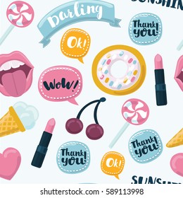 Fashion cartoon funny seamless background with lips, hearts, speech bubbles and other elements. Vector illustration isolated on white background. Set of stickers, pins, patches.