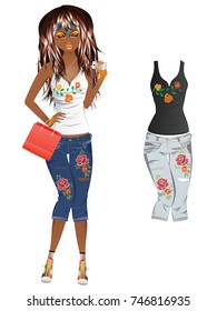 Fashion cartoon girl in jeans and tank top with floral embroidery.