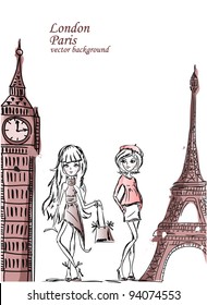 Fashion Cartoon Girl travels the world, vector background