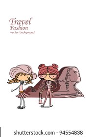 Fashion Cartoon Girl travels the world, vector background