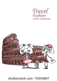 Fashion Cartoon Girl travels the world, vector background