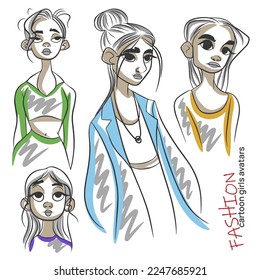 Fashion cartoon girls avatars set, portrait, full height, doodle style illustration
