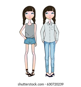 Fashion cartoon girls in jeans shorts and trousers, vector illustration