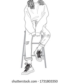 Fashion cartoon images of a woman sitting on a chair and a happy day feeling relaxed.Doodle art concept,illustration painting