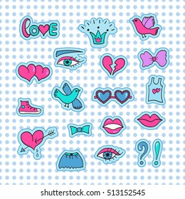 Fashion cartoon patch badges. Set of stickers in comic style. Vector trendy illustration. Hearts, birds, eyes, crown, sunglasses, sneakers, bow and other elements.