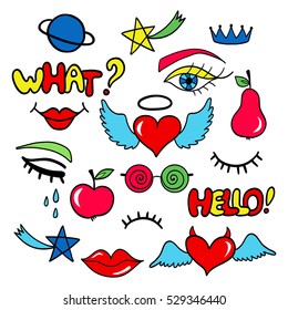 Fashion cartoon patch badges. Set of stickers in comic style. Vector trendy illustration. Hearts, lips, eyes, crown, glasses, stars and other elements.