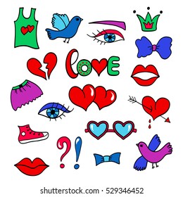 Fashion cartoon patch badges. Set of stickers in comic style. Vector trendy illustration. Hearts, birds, eyes, crown, sunglasses, sneakers, bow and other elements.