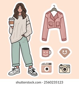 Fashion Cartoon Stylish Woman Vector Clip Art Set - Feminine Style
