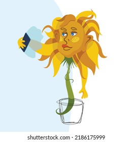 Fashion Cartoon Sunflower making selfie with mobile phone