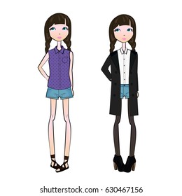 Fashion cartoon teenage girls wearing denim shorts in vector