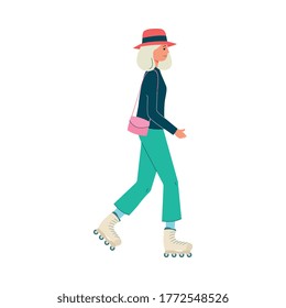 Fashion casual dressed young woman cartoon character walking, flat vector illustration isolated on white background. Trendy city girl in hat icon or symbol.