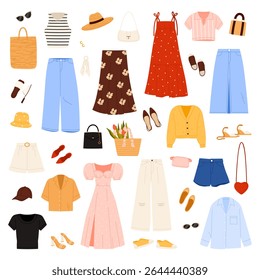 Fashion casual women clothes set. Summer long dress and skirt of romantic girl, straw hat and bag with flowers, denim pants and footwear in comfort outfit collection cartoon vector illustration