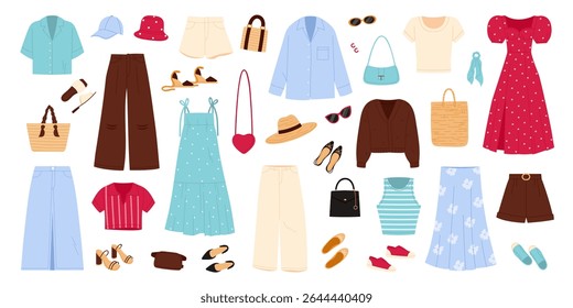 Fashion casual women clothes set. Red and blue summer dresses, floral skirt and tank top with stripes, woven bag and cardigan, comfortable style apparel collection cartoon vector illustration