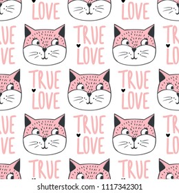 Fashion cat seamless pattern. Cute kitten illustration in sketch style. Cartoon animals background. Doodle kitty. Ideal for fabric, wallpaper, wrapping paper, textile, bedding, t-shirt print.