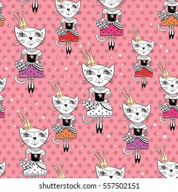 Fashion Cat Vector Pattern | Cute royal girly texture with funny character on pink polka dot background for paper and textile design
