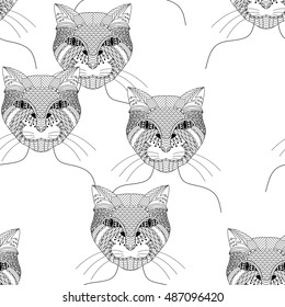 Fashion cat woman. Coloring book for adults, vector illustration. Seamless pattern