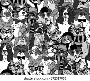 Fashion cats and dogs in glasses gray scale seamless pattern. Monochrome vector illustration. EPS8