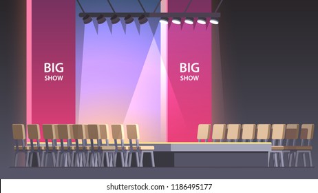 Fashion catwalk with chairs and spotlights. Runway exhibition model podium. Big fashion show stage. Flat style vector illustration isolated on dark background