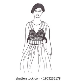 Fashion catwalk hand drawn vector poster. Woman with a short haircut and lace fancy dress artisitc illustration.